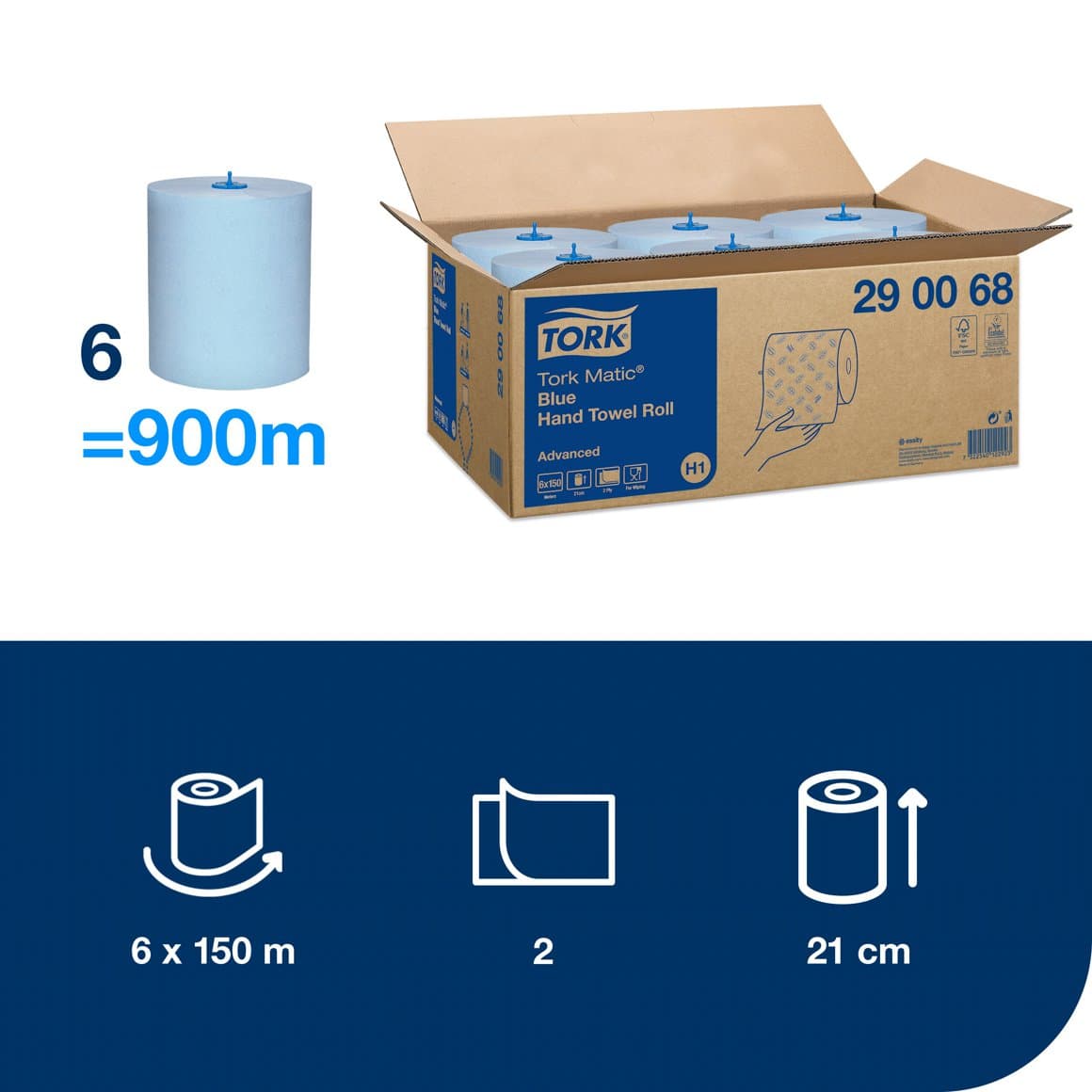 Tork Matic® handþ. bláar 21cm 150m 6rl E H1 2