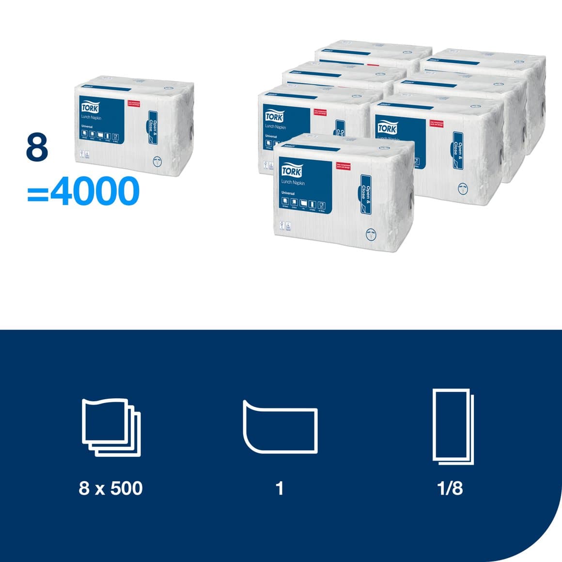 Tork serv.33cm 1l hvítar 1/8f 500stk E 2