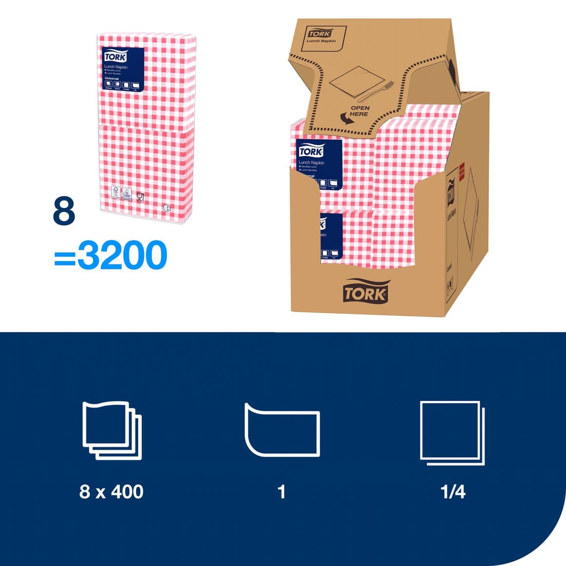 Tork serv.33cm 1l rauðköflótt 400stk E 2