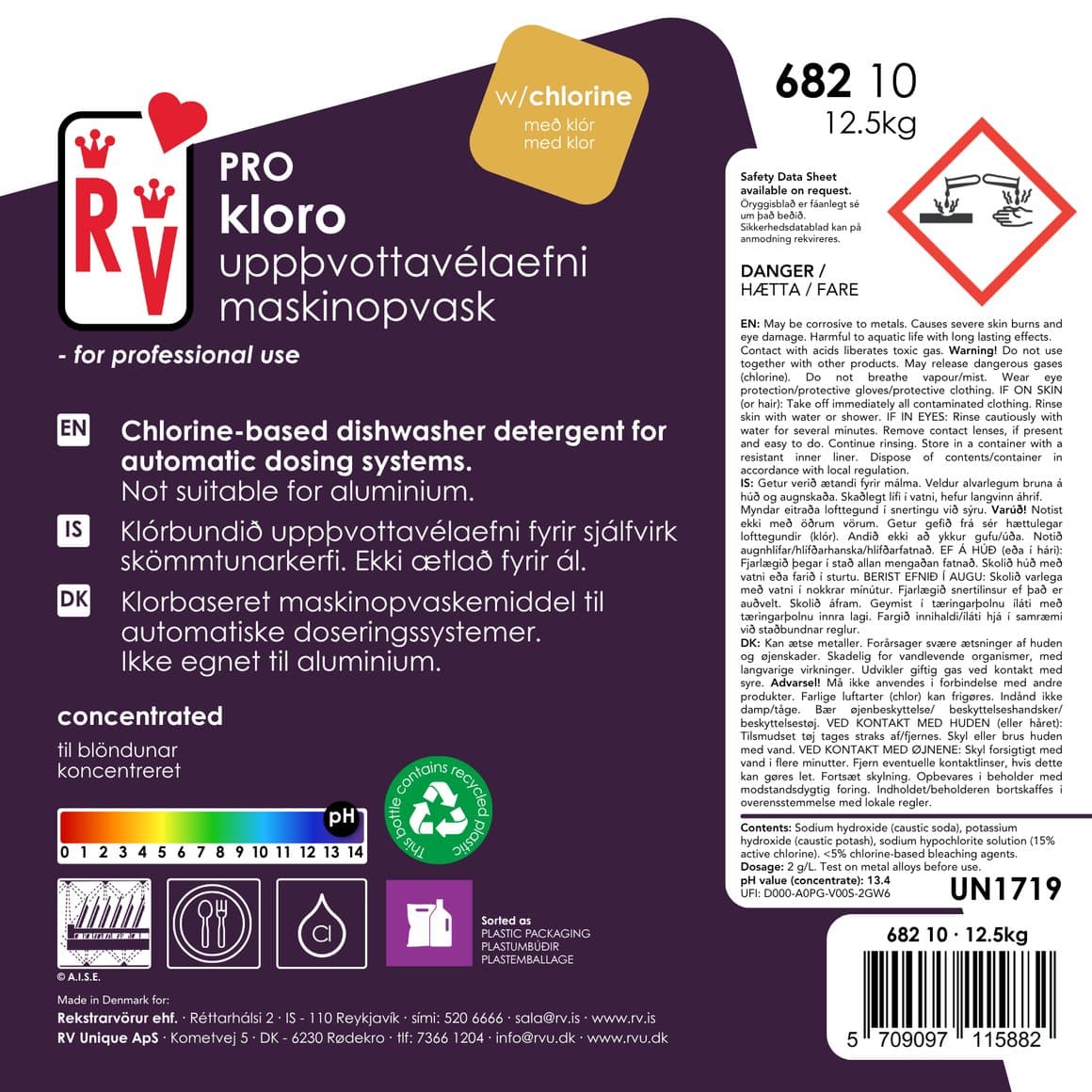 RV PRO Kloro Uppþvottavélaefni með klór 10l/12,5 kg