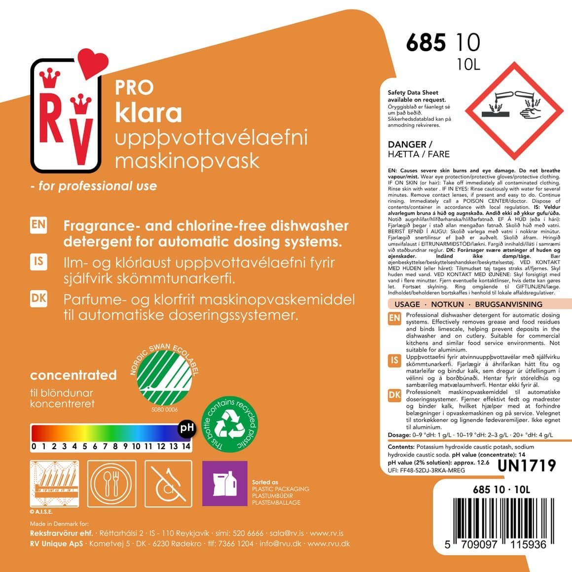 RV PRO Klara Uppþvottavélaefni án klór 10l/12,5kg