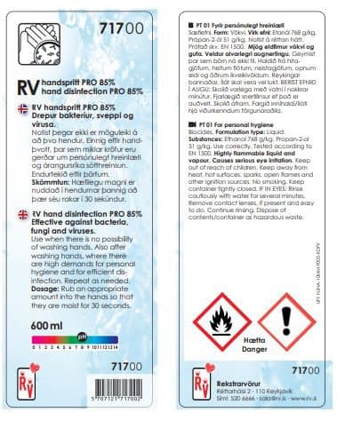 RV handspritt PRO 85% með dælu 600ml 2